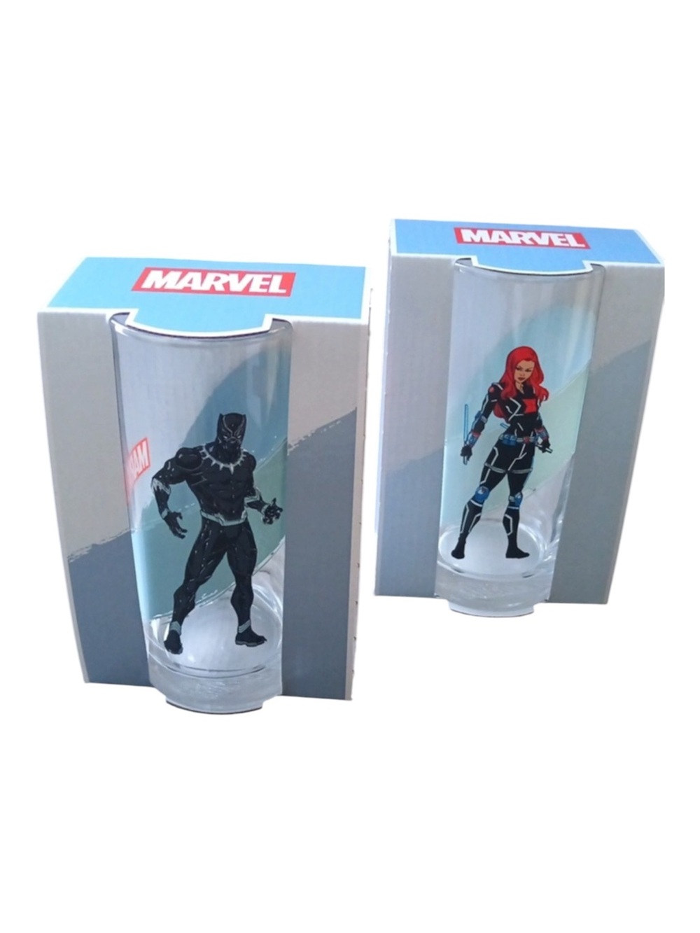 2 Marvel Drinking Glasses Black Panther and Black Widow 290mL Each